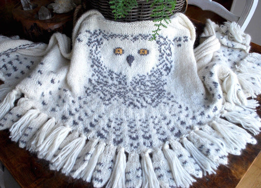 Snowy Owl Wing Shawl – Knitted Scarf with Feather Fringe